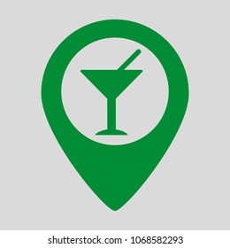 Map pointer with cocktail icon on grey background. Vector illustration