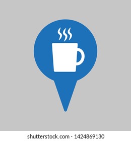 Map pointer with coffee cup on gray background.