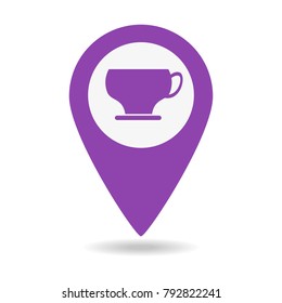 Map pointer with coffee cup on white background. Vector illustration