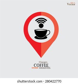 Map pointer with coffee cup and wireless icon.vector illustration.
