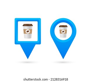 Map pointer with coffee. Pin Point cafe. Vector stock illustration.