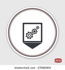 Map pointer. Cogwheel and development icon. Flat design style. Made vector illustration. Emblem or label with shadow.