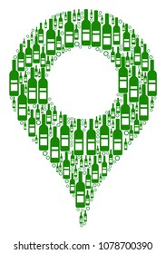 Map Pointer collage of wine bottles and circle particles in different sizes and green colors. Vector objects are organized into map pointer illustration. Wine design concept.
