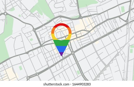 Map with a pointer in the colors of gay pride. Concept of technological application to socialize.