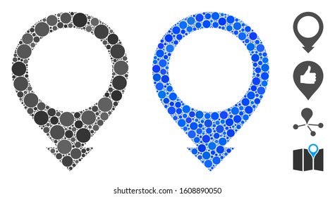 Map pointer composition of circle elements in different sizes and color tinges, based on map pointer icon. Vector circle elements are grouped into blue collage.