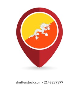 Map pointer with contry Bhutan. Bhutan flag. Vector illustration.