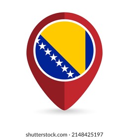 Map pointer with contry Bosnia and Herzegovina. Bosnia and Herzegovina flag. Vector illustration.
