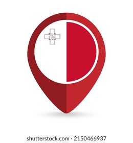 Mapa el puntero con el país Malta. Bandera de Malta. Ilustración vectorial.
