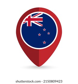 Map pointer with contry New Zealand. New Zealand flag. Vector illustration.