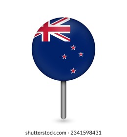 Map pointer with contry New Zealand. New Zealand flag. Vector illustration.