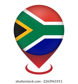 Kartenzeiger mit dem Land Südafrika. Südafrikanische Flagge. Vektorgrafik.