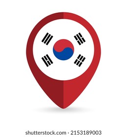 Map pointer with contry South Korea. South Korea flag. Vector illustration.