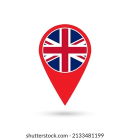 Map pointer with contry United Kingdom. United Kingdom flag. Vector illustration.