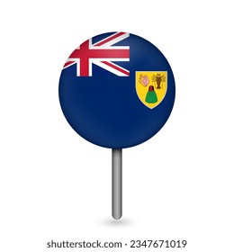 Map pointer with country Turks and Caicos Islands. Turks and Caicos Islands flag. Vector illustration.