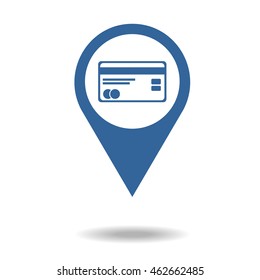 Map pointer with credir card. place where you can pay credit card