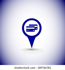 Map pointer with credit card sign icon