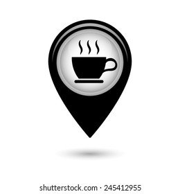 Map pointer with cup of coffee icon