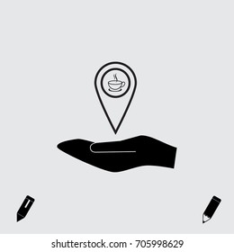 Map pointer with cup of tea vector icon