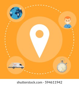 Map pointer with delivery icons around on orange background. Fast delivery banner, vector illustration. Professional courier service. Shipping and moving concept. Pin pointer icon