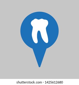 Map pointer with dental clinic icon on grey background.