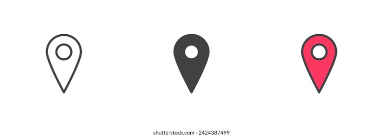 Map pointer different style icon set. Line, glyph and filled outline colorful version, outline and filled vector sign. Location pin Symbol, logo illustration. Vector graphics