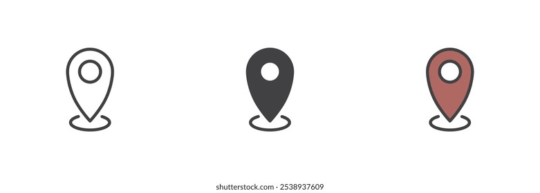 Map pointer different style icon set. Line, glyph and filled outline colorful version, outline and filled vector sign. Location pin symbol, logo illustration. Vector graphics