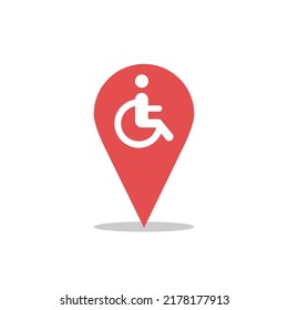Map pointer with disabled man sign. Handicapped person flat icon. Disabled man sign for mobile concept and web design. Accessibility wheelchair vector icon.