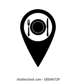 Map pointer with Dish, fork and knife icon