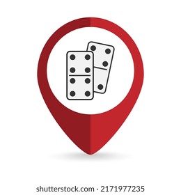 Map pointer with Domino dice icon. Vector illustration.