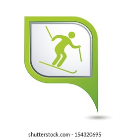 Map pointer with downhill skiing icon. Vector illustration