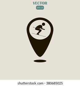 Map pointer with downhill skiing icon. Vector illustration