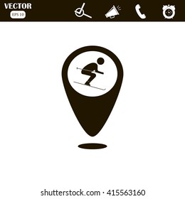 Map pointer with downhill skiing icon. Vector illustration