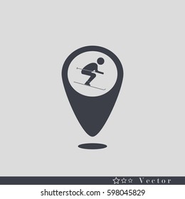 Map pointer with downhill skiing icon. Vector illustration