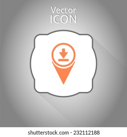 Map pointer with download icon. Upload button. Load symbol. Flat Design Style. Made in vector