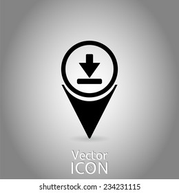 Map pointer with download icon. Upload button. Load symbol. Flat Design Style. Made in vector