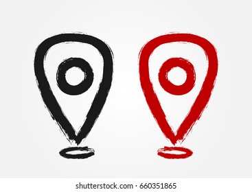 Map Pointer Drawn By Hand With A Rough Brush. Icon Location Sign. Red And Black Isolated Symbol. Grunge, Sketch, Ink, Graffiti. Vector Illustration.