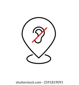 Map pointer with ear crossed out. Hearing impaired people facilities. Inclusive work or society place. Pixel perfect, editable stroke icon