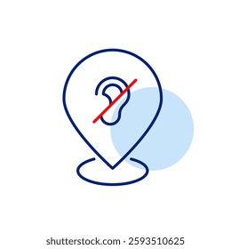 Map pointer with ear crossed out. Hearing impaired people facilities. Inclusive work or society place. Pixel perfect, editable stroke icon