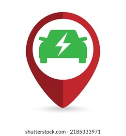 Map pointer with eco car icon. Vector illustration.