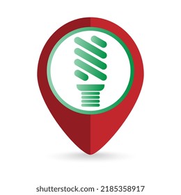 Map pointer with eco light bulb icon. Vector illustration.