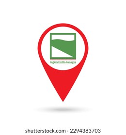 Map pointer with Emilia Romagna Flag. Region of Italy. Vector illustration.