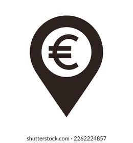 Map pointer with euro sign icon. Exchange office for euro. Bank place, location icon isolated on white background