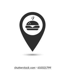 Map pointer with fast food burger icon. Vector location sign illustration.