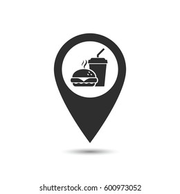 Map pointer with fast food icon. Vector isolated location sign.