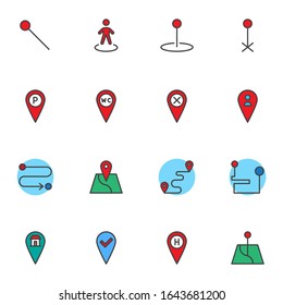 Map Pointer filled outline icons set, line vector symbol collection, Gps Navigation Marker linear colorful pictogram pack. Signs, logo illustration, Set includes icons as location pin, compass, globe