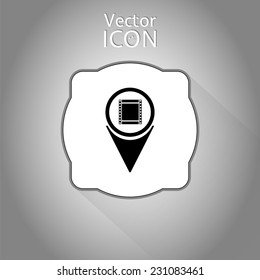 Map pointer with film strip. Flat design style. Made in vector