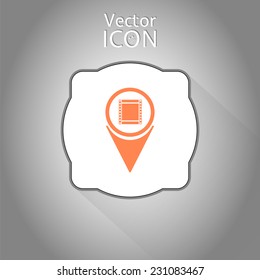 Map pointer with film strip. Flat design style. Made in vector