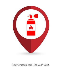 Map pointer with Fire extinguisher symbol. Vector illustration.