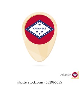 Map pointer with flag of Arkansas. Orange abstract map icon. Vector Illustration.