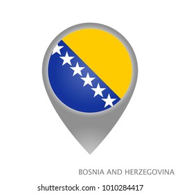 Map pointer with flag of Bosnia and Herzegovina. Gray abstract map icon. Vector Illustration.